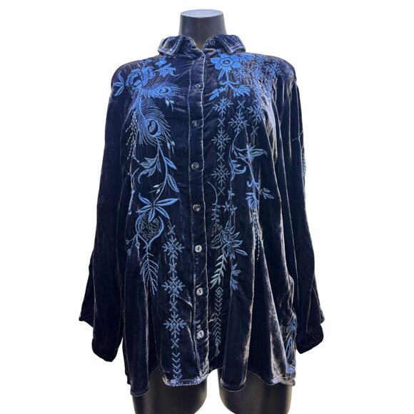 Johnny Was Embroidered Velvet Button-Up Blouse Blue M - Picture 1 of 7